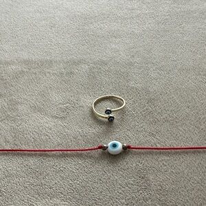 Gold Evil Eye Ring and Red String Bracelet Set